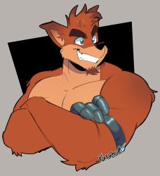 1boy armband artist_name bara blue_eyes commentary crash_bandicoot_(series) crossed_arms crunch_bandicoot english_commentary facial_hair furry furry_male goatee grin highres komoroshi male_focus muscular muscular_male pectorals prosthesis prosthetic_hand smile topless_male upper_body