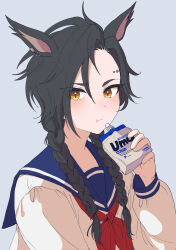 1girl :t absurdres air_shakur_(umamusume) alternate_costume alternate_hairstyle animal_ears asymmetrical_bangs black_hair braided_twintails closed_mouth ear_piercing eyebrow_piercing face_piercing grey_background highres holding_carton horse_ears long_hair looking_at_viewer neckerchief orange_eyes piercing red_neckerchief sailor_collar samedonburi school_uniform shirt simple_background solo umamusume upper_body white_shirt