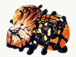 chocolate_syrup commentary_request food food_focus frying-ammonite no_humans original pancake powdered_sugar simple_background white_background