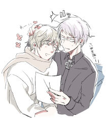 2boys ^^^ axis_powers_hetalia black_necktie black_shirt blonde_hair blush brown_scarf closed_eyes collared_shirt commentary_request cross fingernails flower grey_hair hair_between_eyes hand_on_another&#039;s_head hands_up highres holding holding_paper iron_cross long_sleeves looking_at_another male_focus multiple_boys necktie open_mouth paper petting pink_flower prussia_(hetalia) russia_(hetalia) scarf shirt short_hair simple_background smile sweatdrop tie_clip translation_request user_zgxg5478 v-shaped_eyebrows white_background white_shirt yaoi