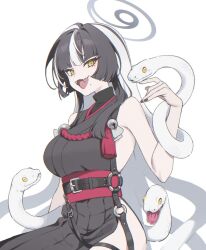 1girl :d azami_(blue_archive) bell belt black_hair blue_archive breasts commentary_request fangs grey_halo hakuhatsu halo highres japanese_clothes jingle_bell kimono large_breasts long_hair looking_at_viewer mole mole_under_mouth multicolored_hair o-ring o-ring_belt open_mouth rope shimenawa simple_background sleeveless sleeveless_kimono slit_pupils smile snake_hair solo tassel thigh_strap tsurime two-tone_hair white_background white_hair yellow_eyes