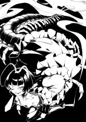1girl absurdres antennae arthropod_girl arthropod_limbs breasts bug centipede centipede_girl cigarette_holder dress elbow_gloves extra_legs gloves greyscale highres kyo_mizusawa looking_at_viewer mandibles monochrome monster_girl multiple_legs one_eye_closed original short_hair small_breasts solo strapless strapless_dress taur