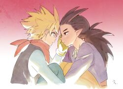 Rule 34 | 2boys, aqua pants, black vest, blonde hair, brown hair, commentary request, couple, dark-skinned male, dark skin, dragon quest, dragon quest builders 2, gloves, gradient background, hair horns, heads together, jewelry, knees to chest, kotone ranmaru, looking at another, low ponytail, male builder (dqb2), male focus, multiple boys, neckerchief, necklace, orange pants, pants, parted lips, pink background, pointy ears, ponytail, profile, purple shirt, red eyes, red neckerchief, sad, shirt, short hair, sidoh (dqb2), sitting, spiked hair, tears, tooth necklace, vest, white background, white shirt, wiping tears, yaoi, yellow gloves