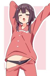1girl ;o arm_behind_head arms_up black_panties blush_stickers border bow bow_panties brown_hair clothes_pull commentary cowboy_shot dot_nose frilled_shirt_collar frills highres kono_subarashii_sekai_ni_shukufuku_wo! long_sleeves looking_at_viewer megumin noyama_takenoko one_eye_closed open_mouth outline outside_border pajamas panties pants pants_pull pink_background red_eyes red_pajamas red_pants short_hair_with_long_locks simple_background solo stretching underwear white_border white_outline wince