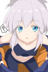 1girl ? absurdres blue_eyes breasts covered_erect_nipples deux_murasame freckles gundam gundam_gquuuuuux highres long_hair looking_at_viewer navel open_mouth pants shirogane_haku simple_background small_breasts solo spoken_question_mark sports_bra undressing white_background white_hair