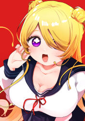 1girl :3 absurdres black_sailor_collar black_skirt blonde_hair blush breasts cleavage cmyk:_sameda_kazuou_wa_chuunibyou_ga_naosenai cowboy_shot cross-shaped_pupils double_bun hair_bun hair_over_one_eye hand_up highres large_breasts long_hair long_sleeves looking_at_viewer neck_ribbon one_eye_covered open_mouth oyasumi_makura purple_eyes red_background red_ribbon ribbon sailor_collar school_uniform serafuku shirt side_up_bun simple_background skirt smile solo symbol-shaped_pupils tasogare_kiiro textless_version very_long_hair white_shirt