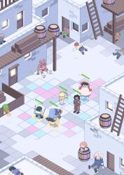 4girls 6+boys absurdres barrel bird black_hair blue_hair boots chibi commentary dark-skinned_female dark-skinned_male dark_skin duck fainted hat highres holding holding_sword holding_umbrella holding_weapon igaram karoo_(one_piece) knockout long_coat long_hair lv5plant miss_monday miss_valentine mister_five_(one_piece) monkey_d._luffy multiple_boys multiple_girls nami_(one_piece) nami_(one_piece)_(whisky_peak) nefertari_vivi one_piece pink_hair straw_hat sword umbrella weapon weapon_in_mouth white_boots