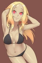 1girl absurdres armpits arms_up bikini black_bikini blonde_hair breasts brown_background closed_mouth collarbone commentary dark-skinned_female dark_skin english_commentary forehead gravity_daze hands_on_own_head highres kitten_(gravity_daze) long_hair looking_at_viewer medium_breasts navel nickleflick red_eyes shiny_skin sidelocks simple_background solo string_bikini swimsuit wide-eyed