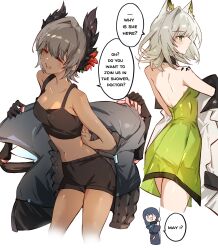 Rule 34 | 3girls, animal ears, arknights, arya melati, black coat, black shorts, black tank top, blue hair, breasts, cat ears, cat girl, cleavage, closed eyes, coat, commentary, dark-skinned female, dark skin, doctor (arknights), dress, english commentary, extra hands, feather hair, female doctor (arknights), green dress, green eyes, grey hair, highres, kal&#039;tsit (arknights), material growth, medium breasts, midriff, multiple girls, navel, oripathy lesion (arknights), raidian (arknights), short hair, shorts, simple background, speech bubble, tank top, white background, white coat