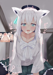 Rule 34 | 1boy, 1girl, ahoge, black hat, blush, bookshelf, bow, bowtie, braid, ceiling, censored, clitoris, collarbone, commentary request, cowgirl position, cum, cum in pussy, cum overflow, from below, green skirt, hair between eyes, hair ribbon, happy sex, hat, heart, heart-shaped pupils, heavy breathing, hetero, highres, hololive, indoors, inset, invisible penis, long sleeves, mosaic censoring, open mouth, out of frame, paid reward available, pantyhose, pov, pussy, ribbon, sex, shirakami fubuki, shirt, skirt, straddling, symbol-shaped pupils, tikuwazyousyou, torn clothes, torn pantyhose, twitching, urethra, vaginal, virtual youtuber, white hair, white shirt