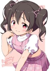 Rule 34 | 1girl, birthday, black hair, blush, border, character name, closed mouth, cropped shirt, english text, hand up, happy birthday, highres, leaning forward, looking at viewer, love live!, love live! school idol project, midriff, outside border, pink background, pink skirt, pink vest, plaid clothes, plaid skirt, puffy short sleeves, puffy sleeves, red eyes, sen (sen0910), short sleeves, skirt, smile, solo, twintails, vest, white border, yazawa nico