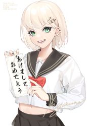 1girl 2021 :d absurdres artist_name black_nails black_skirt blonde_hair bob_cut commentary_request cowboy_shot ear_piercing fangs green_eyes hair_ornament hairclip hands_up highres holding hyouuma long_sleeves looking_at_viewer midriff nail_polish navel open_mouth original piercing pleated_skirt pointing sailor_collar school_uniform serafuku shirt short_hair simple_background skirt smile solo stomach teeth translation_request upper_body white_background white_shirt