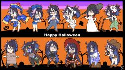 1girl absurdres ahoge alcina_dimitrescu alcina_dimitrescu_(cosplay) bandages bare_shoulders black_hair blue_eyes blue_hair bound bound_wrists box braid breasts cardboard_box chibi commentary_request cosplay cowboy_hat cuffs dress fingerless_gloves frankenstein&#039;s_monster frankenstein&#039;s_monster_(cosplay) friday_the_13th full_body glasses gloves grin gun hair_between_eyes halloween halloween_costume handcuffs handgun happy_halloween hat heart heart-shaped_pupils highres hoe holding holding_gun holding_plate holding_weapon indie_virtual_youtuber isuka jason_voorhees jason_voorhees_(cosplay) jiangshi_costume kson large_breasts long_hair looking_at_viewer mask mask_on_head mole mole_under_eye multicolored_hair multiple_views navel one_eye_closed open_mouth overalls piercing pistol plate police police_uniform policewoman ponytail red_eyes resident_evil resident_evil_village short_sleeves skirt sleeveless smile souchou standing stitched_face stitched_hand stitched_leg stitched_torso stitches symbol-shaped_pupils teeth thighhighs tongue tongue_out tongue_piercing twin_braids two-tone_hair very_long_hair virtual_youtuber weapon witch_hat
