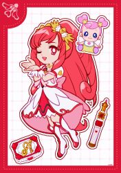 Rule 34 | 2girls, ai-chan (dokidoki! precure), baby, back bow, boots, border, bow, cosmetics, cure ace, curly hair, deformed, dokidoki! precure, dot nose, dotted line, dress, eyelashes, frilled dress, frills, full body, grid background, hair bow, hair ornament, hairband, happy, heart, heart hair ornament, heart print, high heel boots, high heels, highres, knee boots, lace-trimmed hairband, lace trim, layered dress, lipstick, lipstick tube, long hair, looking at viewer, madoka aguri, magical girl, makeup, makeup palette, medium dress, multiple girls, one eye closed, open mouth, outline, outstretched hand, own hands together, pink bow, ponytail, precure, puffy short sleeves, puffy sleeves, red border, red dress, red eyes, red hair, red lips, short sleeves, signature, smile, tareme, uwded 207, very long hair, white background, white boots, white dress, white outline, yellow bow, yellow hairband