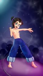 1girl armpit_crease artist_request baggy_pants barefoot blue_eyes brown_hair clenched_hand collarbone concert crowd curtained_hair denim donkey_kong_(series) donkey_kong_bananza exhibitionism feet female_focus fingernails flat_chest freckles hair_intakes hair_ornament happy highres holding holding_microphone jeans lips loli microphone navel neck nintendo nipples open_hand open_mouth outstretched_arm pants pants_rolled_up pauline_(mario) pauline_(young)_(mario) public_indecency side_ponytail sidelocks smile stage standing stomach toenails toes topknot topless_female
