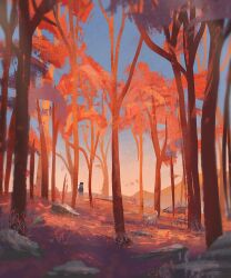 1other artist_name blue_sky bush commentary day dog forest nature orange_theme original outdoors rock scenery signature sky tree wide_shot zandra