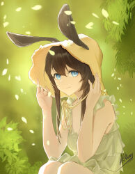 1girl absurdres amiya_(arknights) animal_ears arknights artist_name blue_eyes brown_hair closed_mouth dress hat highres leaf long_hair looking_at_viewer rabbit_ears rabbit_girl sitting solo sun_hat tendai_no_karasu white_dress