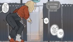 1girl animal_ears black_pants blonde_hair boku_no_hero_academia bracelet breasts clothes_shop colored_shoe_soles colored_skin commentary dildo_reveal english_commentary english_text fitting_room from_side grey_skin hair_over_face highres huge_breasts ippan_josei jewelry medium_hair pants rabbit_ears red_shirt shark_girl shirt shoes sin_castermon sneakers solo speech_bubble stomach_bulge tall_female thought_bubble trembling typo white_shoes