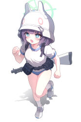 1girl absurdres blue_archive blue_buruma blue_eyes blush bright_pupils buruma clenched_hands collarbone commentary full_body fuyu_no_usagi green_halo gun halo helmet highres open_mouth running saki_(blue_archive) shirt shoes short_sleeves simple_background sneakers socks solo sweat weapon white_background white_helmet white_pupils white_shirt white_shoes white_socks