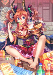 1girl :d bare_shoulders barefoot blue_eyes blush breasts can canned_food chips_(food) cleavage cup_ramen detached_sleeves earrings eating fangs feet female_focus food gold_trim hair_between_eyes hair_bobbles hair_ornament hair_ribbon highres instant_ramen jam jewelry large_breasts long_hair looking_at_viewer noodles obi open_mouth orange_hair original potato_chips ramen ribbon sash sitting smile snack solo suikakitsu_shiro twintails wavy_hair wide_sleeves xia_you_qing