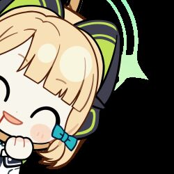 1girl :d ^_^ animal_ear_headphones animal_ears animated animated_gif aqua_necktie blonde_hair blood blood_from_mouth blue_archive blunt_bangs blunt_ends blush_stickers bow cat_ear_headphones cat_ears chibi chibi_only chunye_haruya closed_eyes collared_shirt commission disembodied_hand dot_nose facing_viewer fake_animal_ears green_bow green_halo green_jacket hair_bow halo hanged hanging headphones holding holding_rope hood hooded_jacket jacket low-tied_sidelocks lowres medium_hair midori_(blue_archive) missing_commentary multicolored_jacket necktie noose open_clothes open_jacket open_mouth parted_bangs rope school_uniform second-party_source shaking shirt sidelocks simple_background smile solo transparent_background upper_body white_jacket white_shirt