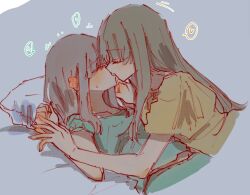 Rule 34 | 2girls, assault lily, black hair, brown hair, clenched hand, closed eyes, commentary, cropped torso, face-to-face, french kiss, girl on top, green pants, green shirt, grey background, hair down, hand on another&#039;s wrist, heart, highres, holding hands, kiss, kuo shenlin, long hair, lying, midriff peek, motion lines, multiple girls, on back, pants, pillow, profile, raised eyebrows, rui rui rui0122, shirt, short sleeves, sidelocks, speech bubble, spoken heart, sweatdrop, tongue, tongue out, upper body, wang yujia, yellow shirt, yuri