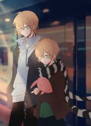 2boys 779762391_(lofter) age_switch aged_down aged_up ahoge alternate_height black_jacket black_pants black_scarf blue_eyes brothers brown_hair brown_jacket chinese_commentary closed_mouth commentary_request cowboy_shot creepypasta double-parted_bangs drawstring fingernails green_eyes green_sweater hair_between_eyes hand_in_pocket height_difference height_switch highres holding holding_stuffed_toy homicidal_liu hood hood_down hoodie indoors jacket jeff_the_killer looking_at_another looking_at_viewer male_focus multiple_boys open_clothes open_jacket pants personality_switch photo_background scarf short_hair siblings smile striped_clothes striped_scarf stuffed_animal stuffed_rabbit stuffed_toy sweater turtleneck turtleneck_sweater two-tone_scarf vertical-striped_clothes vertical-striped_scarf white_hoodie white_scarf
