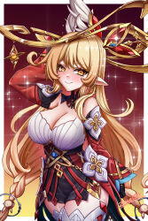 Rule 34 | 1girl, alice (genshin impact), arm up, blonde hair, blush, braid, breasts, closed mouth, collarbone, detached sleeves, dodoco (genshin impact), dress, earrings, genshin impact, highres, jewelry, large breasts, long hair, long sleeves, looking at viewer, pointy ears, pyro symbol (genshin impact), red dress, signature, smile, solo, thighhighs, twin braids, very long hair, vision (genshin impact), white thighhighs, wide sleeves, witch, zero130