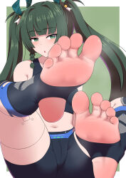 Rule 34 | 1girl, :o, bike shorts, black shorts, black socks, black sports bra, border, feet, foot focus, green background, green eyes, green hair, hair ornament, highres, jkisaradu, long hair, open mouth, qingyi (zenless zone zero), shorts, smell, socks, soles, solo, sports bra, steam, stirrup legwear, toeless legwear, toes, twintails, very long hair, white border, zenless zone zero