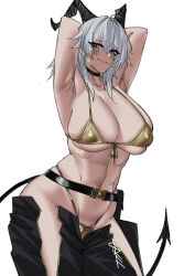 1girl abs absurdres alternate_costume armpits arms_behind_head bikini black_horns black_pants black_tail blush breasts closed_mouth clothes_pull collarbone commentary cowboy_shot curled_horns demon_tail earrings english_commentary golden_week_bikini grey_hair highleg highleg_bikini highres horns jewelry key_earrings large_breasts long_hair looking_at_viewer mole mole_on_breast mole_under_eye pants pants_pull presenting_armpit red_eyes simple_background solo swimsuit tail tira_(tiiramiiisu2) white_background wuthering_waves zani_(wuthering_waves)