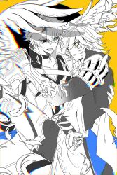2boys carrying carrying_person highres honkai:_star_rail honkai_(series) male_focus medium_hair multiple_boys mydei_(honkai:_star_rail) open_mouth partially_colored phainon_(honkai:_star_rail) pnemo_18 short_hair smile sweatdrop teeth upper_body wings yaoi