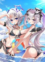 Rule 34 | 2girls, amane kanata, amane konata, ass, bikini, black bikini, black wings, blue hair, blush, breasts, feathered wings, food, grey hair, halo, high ponytail, highres, holding, holding food, holding popsicle, hololive, inokeiwd, large breasts, long hair, multicolored hair, multiple girls, partially submerged, ponytail, popsicle, purple eyes, purple hair, short hair, siblings, side-tie bikini bottom, sisters, small breasts, star halo, streaked hair, swimsuit, twins, two-tone hair, virtual youtuber, water, white wings, wings