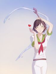 1girl belt black_hair collared_shirt gradient_background green_eyes heart highres holding holding_ladle ladle light_smile looking_to_the_side murasa_minamitsu neckerchief no_headwear pants red_neckerchief shirt short_hair short_sleeves solo thursyue touhou water white_pants white_shirt