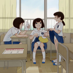 3girls blue_skirt classroom clothes_lift desk fanning_self hand_fan indoors kiyo_(kyokyo1220) multiple_girls original panties paper_fan pleated_skirt school_desk school_uniform shirt short_hair short_sleeves sitting skirt skirt_lift smile uchiwa underwear white_panties white_shirt window