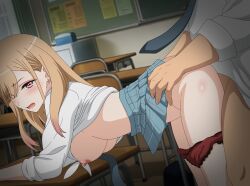 1boy 1girl arm_support artist_name bent_over bent_over_furniture blonde_hair blue_skirt blush breasts chair classroom clothed_sex clothes_lift commentary desk doggystyle dutch_angle earrings eufoniuz from_side gyaru hanging_breasts hetero highres indoors jewelry kitagawa_marin kogal large_breasts necktie nipples open_mouth panties panty_pull pink_hair red_panties revision school school_chair school_desk school_uniform sex sex_from_behind shirt shirt_lift skirt skirt_lift solo_focus sono_bisque_doll_wa_koi_wo_suru standing standing_sex underwear white_shirt