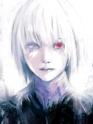 Rule 34 | 1boy, black shirt, close-up, grey eyes, head only, heterochromia, highres, kaneki ken, lips, looking at viewer, male focus, medium hair, nose, partially shaded face, portrait, red eyes, shadow, shirt, simple background, solo, tokyo ghoul, tokyo ghoul:re, white background, white hair, xa8uofivf2mcart