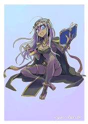 1girl black_cape black_shirt blue_eyes book border bridal_gauntlets cape cosplay crop_top danganronpa_(series) danganronpa_v3:_killing_harmony dark-skinned_female dark_skin fire_emblem full_body grey_hair highres holding holding_book kumakoro_(tetsupag) looking_at_viewer navel nintendo open_mouth shaded_face shirt sitting solo tharja_(fire_emblem) tharja_(fire_emblem)_(cosplay) thigh_strap white_border yonaga_angie