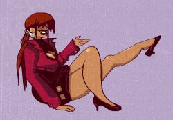 Rule 34 | 1girl, breasts, cleavage, cleavage cutout, clothing cutout, crossed legs, curvy, dress, earrings, female focus, heart, heel up, huge breasts, jacket, jewelry, large breasts, long hair, long sleeves, mansta8, red hair, shermie (kof), shoes, sitting, skirt, smile, tan, the king of fighters, thick lips, thick thighs, thighs, twintails, wide hips
