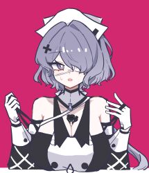 1boy 1girl :o arknights bare_shoulders between_breasts breasts bright_pupils cleavage commentary doctor_(arknights) eyepatch gloves hair_ornament hat highres hmrsh large_breasts male_doctor_(arknights) medical_eyepatch mini_person miniboy open_mouth pink_background purple_eyes simple_background strap sweatdrop upper_body whisperain_(arknights) white_gloves white_hat white_pupils x_hair_ornament