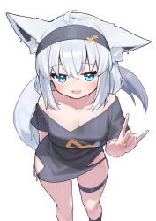 1girl absurdres alternate_costume animal_ear_fluff animal_ears aqua_eyes bare_shoulders black_hairband black_shirt blush breasts cleavage commentary deaver fox_ears fox_girl fox_shadow_puppet fox_tail hairband highres hololive looking_at_viewer medium_breasts no_panties open_mouth pentagram shirakami_fubuki shirt simple_background solo standing tail thigh_strap virtual_youtuber white_background