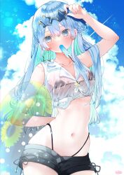 1girl bikini black_bikini black_shorts blue_eyes blue_hair blue_sky cloud cloudy_sky cowboy_shot cropped_shirt eyewear_on_head food food_in_mouth highleg highleg_bikini highres hololive hoshimachi_suisei long_hair looking_at_viewer micro_bikini moo_(umineko) navel popsicle popsicle_in_mouth see-through_clothes see-through_shirt shirt short_shorts shorts signature sky sleeveless sleeveless_shirt solo sunglasses swimsuit virtual_youtuber white_shirt