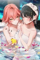2girls absurdres bathtub black_hair blush body_markings braid breast_press breasts changli_(wuthering_waves) closed_eyes collarbone commentary_request female_rover_(wuthering_waves) food fruit hair_ornament hairclip hand_up highres large_breasts lemon lemon_slice looking_at_another multiple_girls naked_towel orange_eyes parted_lips partially_submerged petals petals_on_liquid pink_hair pink_petals pout rover_(wuthering_waves) rubber_duck same-sex_bathing shared_bathing short_hair smile toge0toge0 towel water wuthering_waves yuri