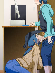 1boy 1girl apron ass blue_hair blush breasts censored closed_eyes computer cum cum_in_mouth ejaculation fellatio gundam gundam_build_fighters haro_button_badge hetero highres huge_breasts incest indoors internal_cumshot iori_rinko iori_sei kneeling legs long_hair long_sleeves mature_female mosaic_censoring mother_and_son oral penis ponytail standing sweater table thighs turtleneck turtleneck_sweater under_table vermilion x-ray