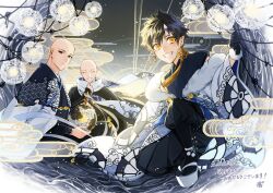 Rule 34 | 3boys, ^ ^, bald, black eyes, black gloves, black hakama, black kimono, black socks, closed eyes, commentary, fangs, fur-trimmed gloves, fur trim, gloves, grin, hakama, hakama pants, haori, happy new year, highres, horns, japanese clothes, kimono, lantern, male focus, matsunaka hiro, multiple boys, new year, original, pants, sandals, short hair, sleeveless, sleeveless kimono, smile, socks, translation request, white haori, white sandals, yellow eyes