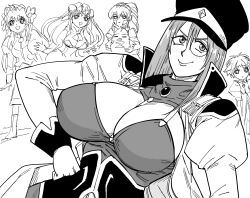 5girls absurdres bb_(baalbuddy) breasts cleavage forte_stollen galaxy_angel greyscale highres looking_at_viewer milfeulle_sakuraba mint_blancmanche monochrome monocle multiple_girls narrow_waist normad ranpha_franboise smile solo_focus vanilla_h