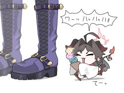 2girls blue_archive blush boots chibi closed_eyes coat demon demon_horns demon_tail food gehenna_academy_logo halo happy highres hina_(blue_archive) holding holding_ice_cream_cone horns ice_cream ice_cream_cone kasumi_(blue_archive) lab_coat multiple_girls purple_boots red_halo red_shirt running sakano_akr shirt slippers speech_bubble tail