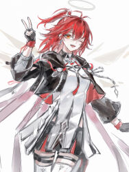 Rule 34 | 1girl, ;d, absurdres, arknights, arm up, black gloves, black jacket, black shorts, chinese commentary, commentary request, cowboy shot, crop top, cropped jacket, crossed bangs, earrings, exusiai (arknights), exusiai the new covenant (arknights), fingerless gloves, gloves, grey halo, hair between eyes, halo, highres, jacket, jewelry, long sleeves, looking at viewer, medium hair, one eye closed, open mouth, orange eyes, red hair, shirt, shorts, simple background, smile, solo, standing, thigh strap, thighhighs, traditional halo, v, white background, white shirt, white thighhighs, zhishi mao tiao