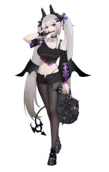 1girl absurdres arm_up armpit_crease asymmetrical_sleeves bag bat_ornament bat_wings belt_collar black_boots black_bra black_choker black_hairband black_horns black_panties black_pantyhose black_shirt black_shorts black_wings boots bra breasts casual chinese_commentary choker collar collarbone commentary_request crop_top cross-laced_clothes cross-laced_sleeves demon_girl demon_horns demon_tail dot_nose ear_piercing eyebrows_hidden_by_hair furrowed_brow grey_hair hair_ornament hair_tie hairband head_tilt heart heart_choker heart_hair_ornament heiyizhushenxia highleg highleg_panties highres holding holding_bag holding_walkie-talkie horns lace-up_boots large_breasts long_hair long_sleeves looking_at_viewer midriff navel o-ring o-ring_strap o-ring_thigh_strap open_fly original panties pantyhose piercing platform_boots pointy_ears pouch puffy_long_sleeves puffy_sleeves purple_eyes purple_trim shirt short_shorts short_sleeves shorts solo standing stomach tail thigh_pouch thigh_strap twintails underwear uneven_sleeves very_long_hair walkie-talkie white_background wings wristband zipper_pull_tab