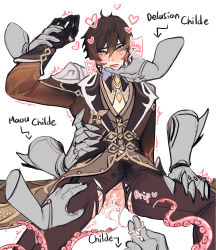 Rule 34 | 2boys, aroused, blackmieu, blush, cum, cum in pussy, drooling, english text, genshin impact, group sex, hand on another&#039;s waist, hands on another&#039;s thighs, highres, multiple boys, speech bubble, spread legs, tartaglia (genshin impact), tentacle sex, tentacles, twitter, white background, yaoi, zhongli (genshin impact)