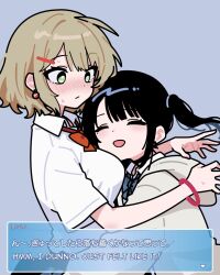 Rule 34 | 2girls, ameniwa, armlet, bilingual text, black hair, blonde hair, blue bow, blue bowtie, blush, bow, bowtie, breasts, character name, closed eyes, closed mouth, collared shirt, commentary, dialogue box, earrings, english commentary, english text, green eyes, hair ornament, hairpin, highres, hug, jewelry, large breasts, mixed-language text, multiple girls, nose blush, open mouth, original, red bow, red bowtie, school uniform, shirt, short hair, short sleeves, side ponytail, signature, simple background, smile, surprised, sweater, white shirt